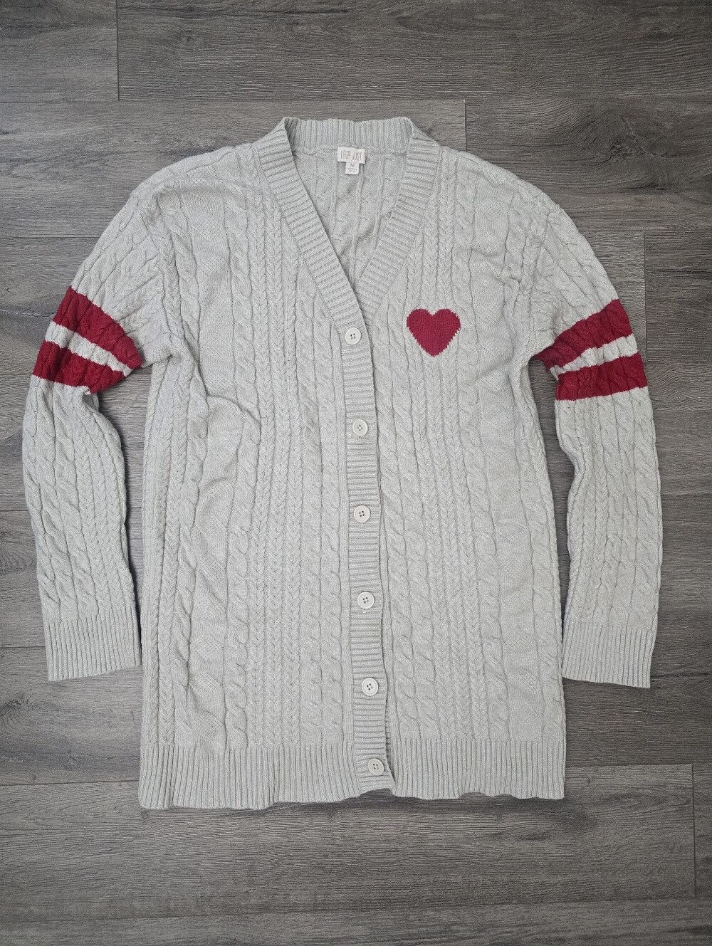 Grey Cable Knit Midi Cardigan Size Medium Collegiate Stripes Comfy Fall